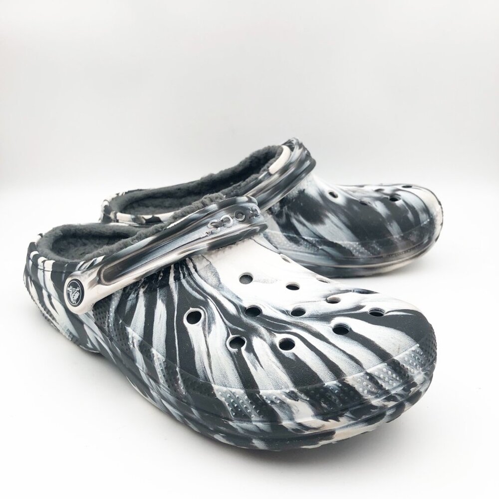 CROCS Fur Lined Slip-On Rubber Clogs Black Gray White Marble Mens 8 Womens 10